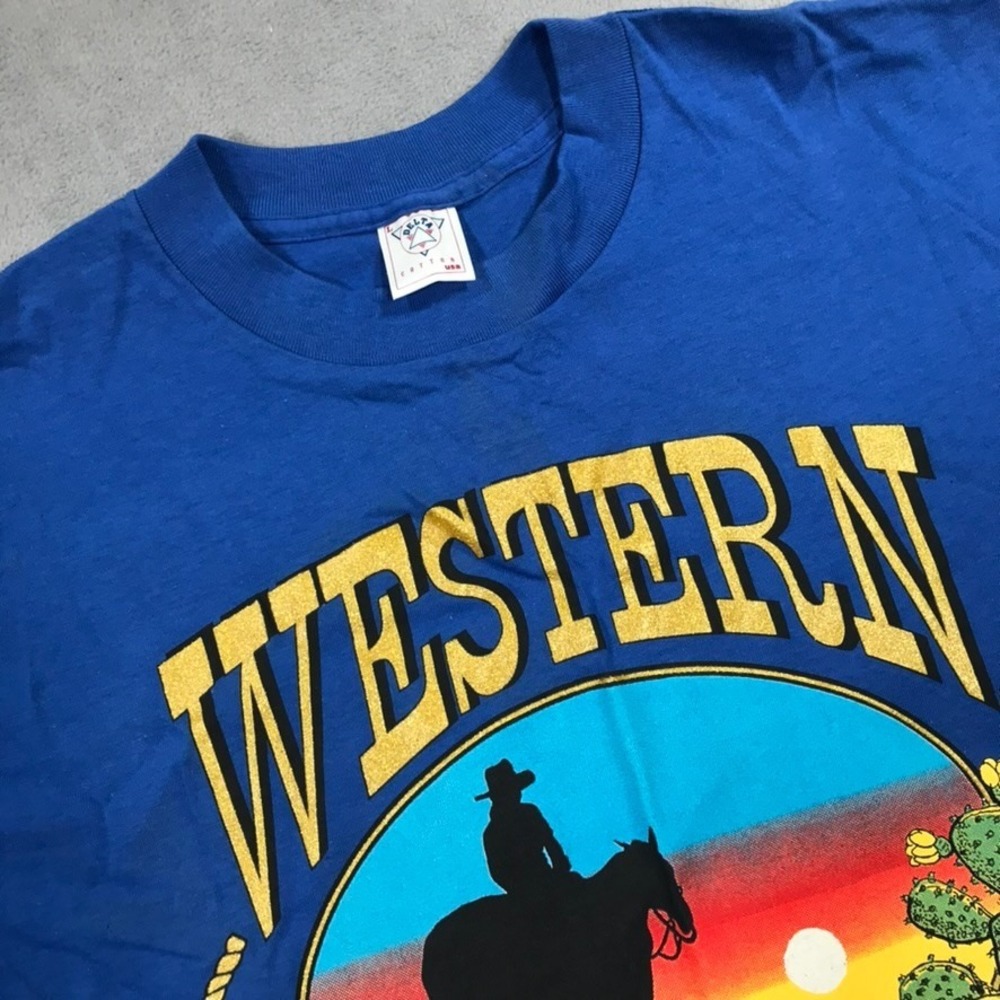Vintage Delta New Mexico Western T Shirt Mens L Blue Single Stitch Cowboy Tee